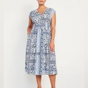 Old Navy Blue Paisley Print Waist-Defined Smocked Midi Dress NWT Size XXL